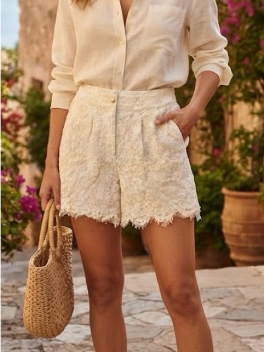 Karina Grimaldi White Lace Shorts Pearl Button Detail Quite Luxury Romantic S